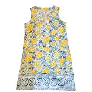 Land’s End Pocket Dress Lemon Lime Yellow Blue Print Sleeveless Women's Size XS
